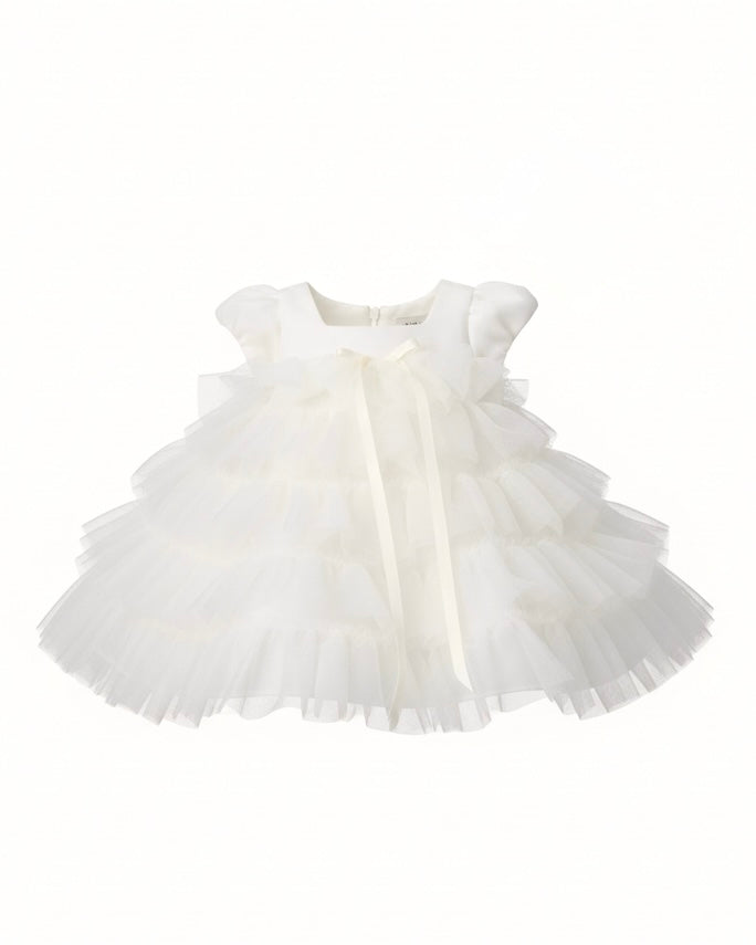 Baby Tulle Ruffle Dress with Cap Sleeves in Ivory