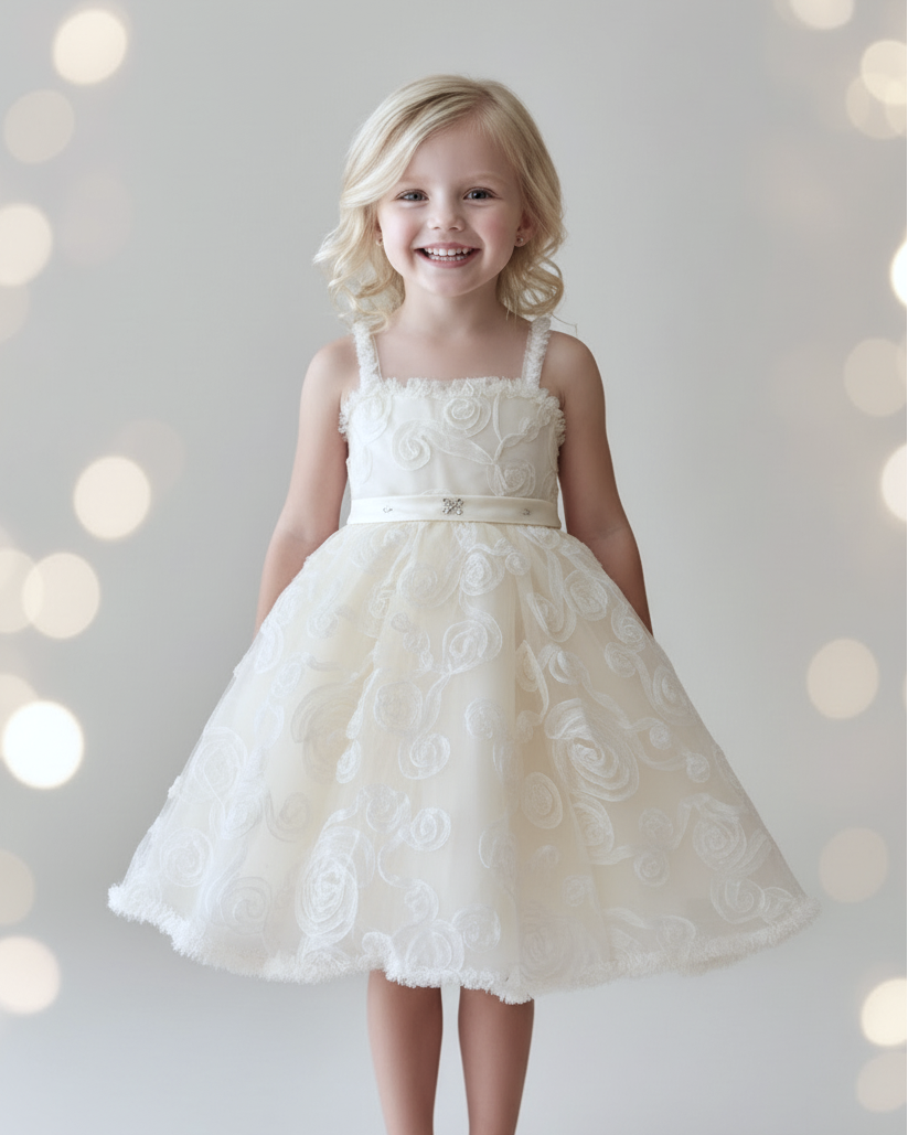 Allover Swirl Tulle Party Dress with Matching Bolero Jacket - White & Ivory