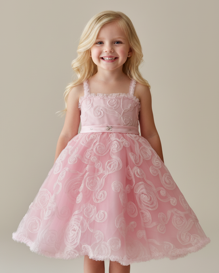 Allover Swirl Tulle Party Dress with Matching Bolero Jacket - Pink