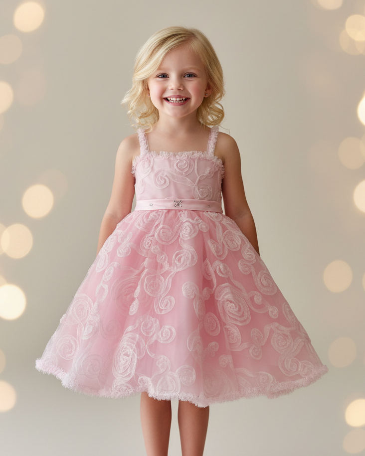 Allover Swirl Tulle Party Dress with Matching Bolero Jacket - Pink