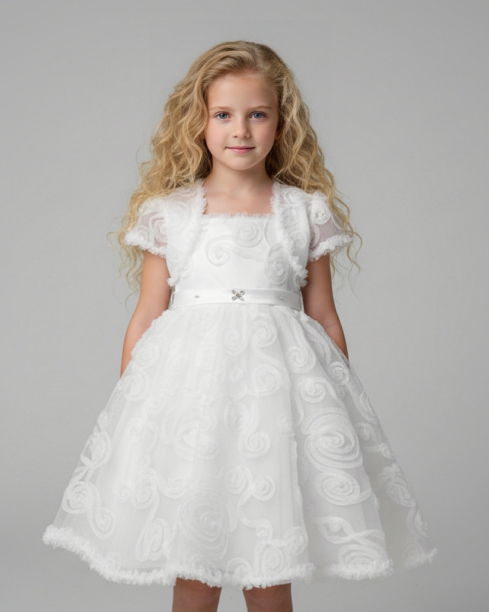 Allover Swirl Tulle Party Dress with Matching Bolero Jacket - White & Ivory
