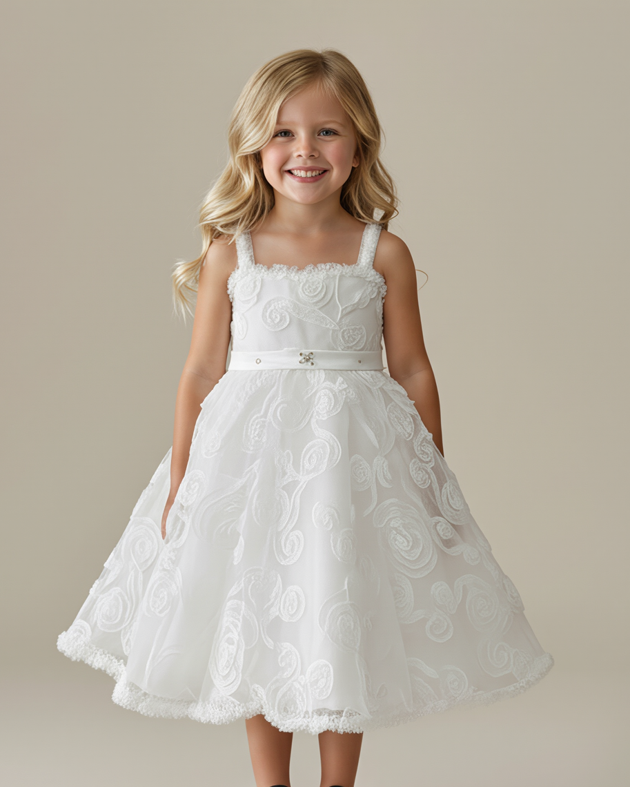 Allover Swirl Tulle Party Dress with Matching Bolero Jacket - White & Ivory