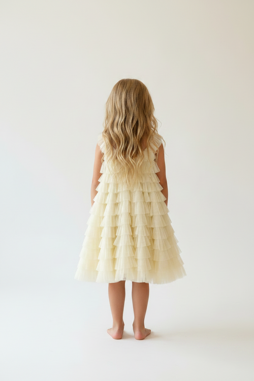 Addison Frilly Ruffle Cotton + Tulle Dress - Yellow
