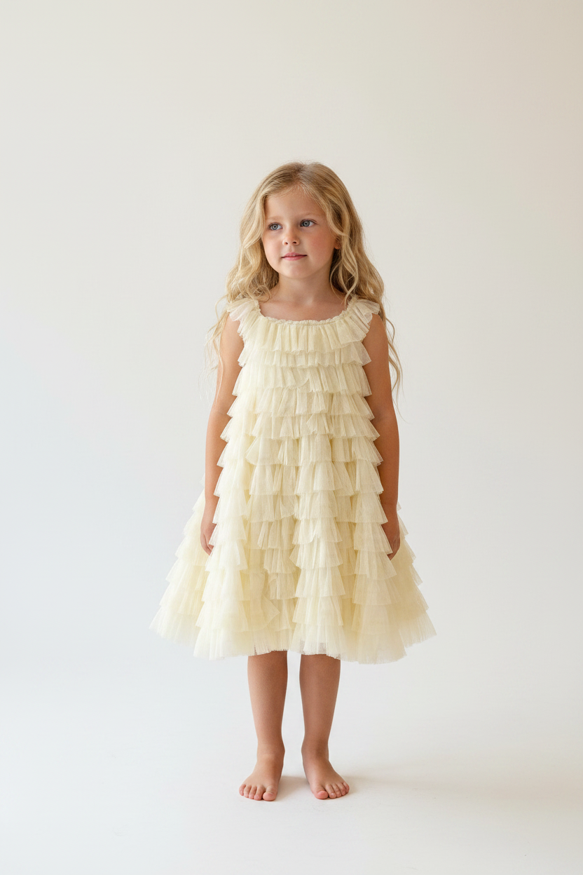Addison Frilly Ruffle Cotton + Tulle Dress - Yellow