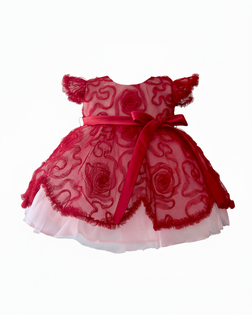 Baby Swirl Tulle & Mesh Dress in Red