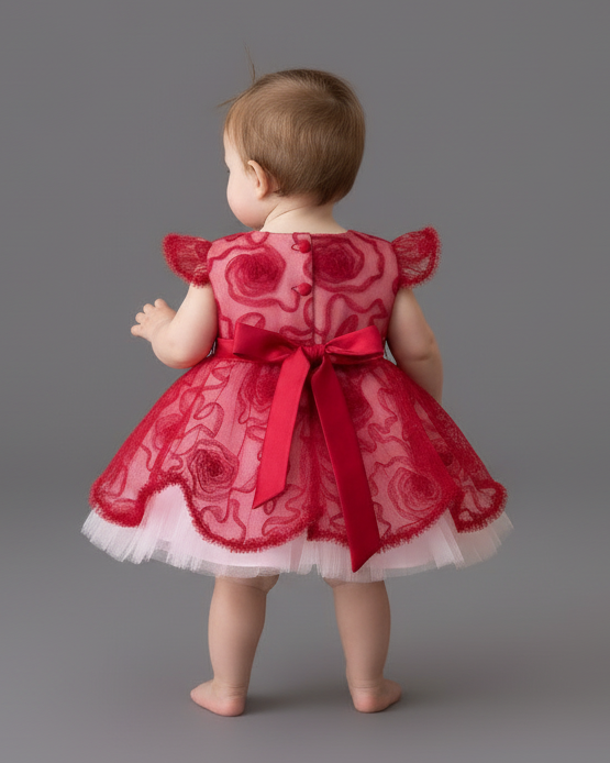 Baby Swirl Tulle & Mesh Dress in Red