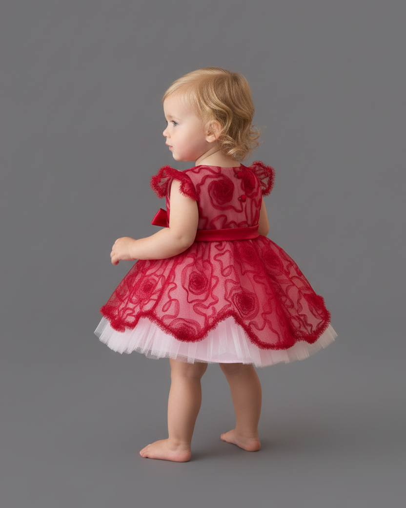Baby Swirl Tulle & Mesh Dress in Red