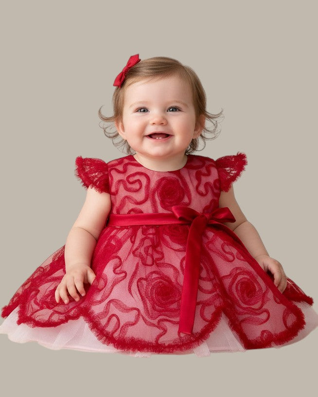 Baby Swirl Tulle & Mesh Dress in Red