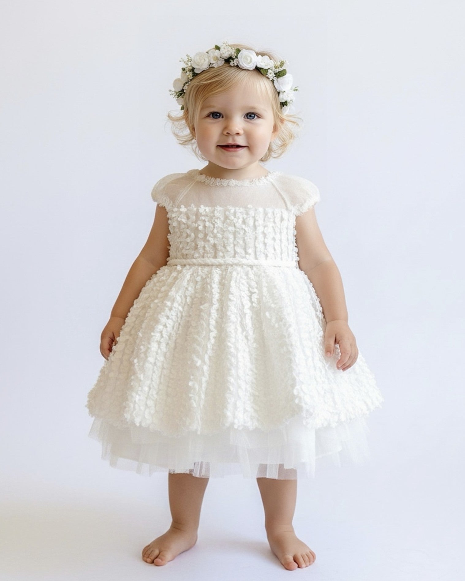 Baby 3D Petal Tulle Party Dress - White & Ivory