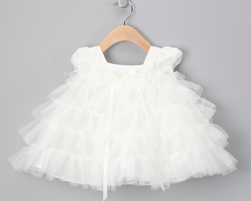 Baby Tulle Ruffle Dress with Cap Sleeves in Ivory