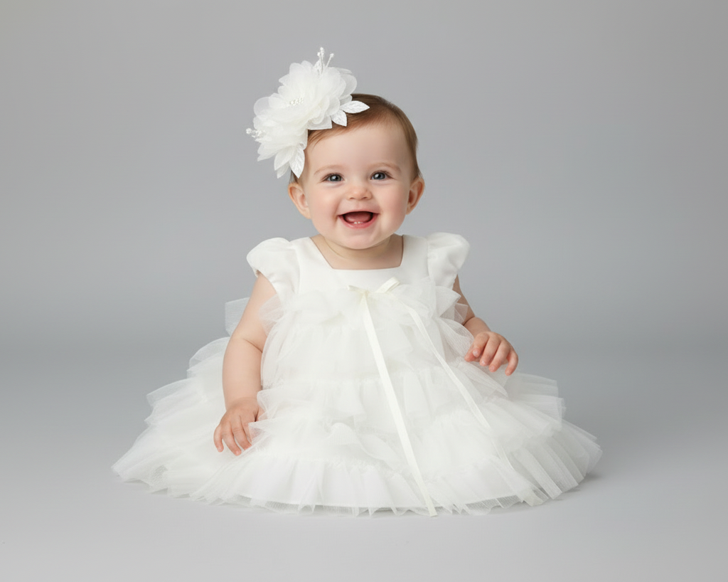 Baby Tulle Ruffle Dress with Cap Sleeves in Ivory