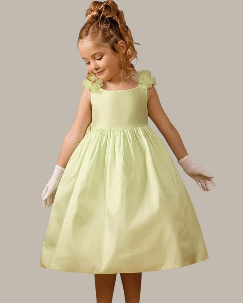 Girls Silk Flower Bloom Shoulder Strap Dress - Lime Green