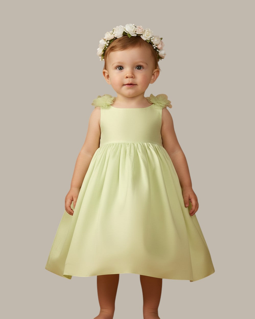 Baby  Silk Flower Bloom Shoulder Strap Dress - Lime Green