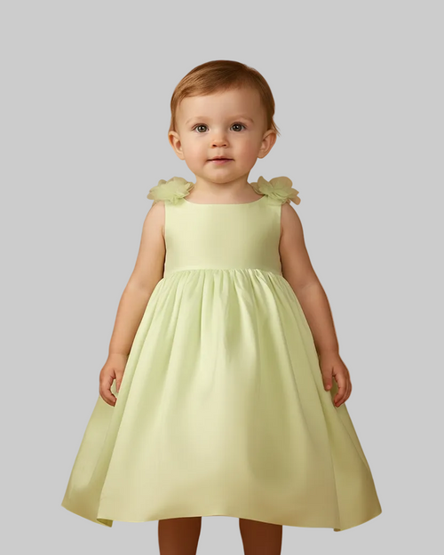 Baby  Silk Flower Bloom Shoulder Strap Dress - Lime Green