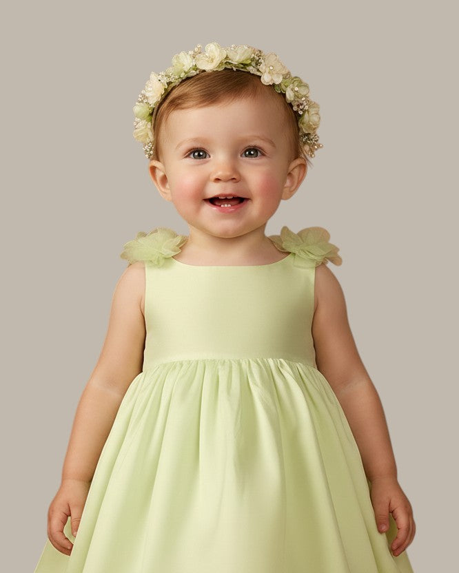 Baby  Silk Flower Bloom Shoulder Strap Dress - Lime Green