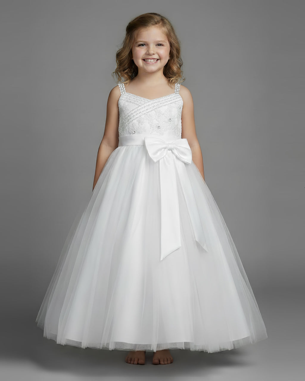 White Communion Dresses - Beaded Satin Dress with Bow