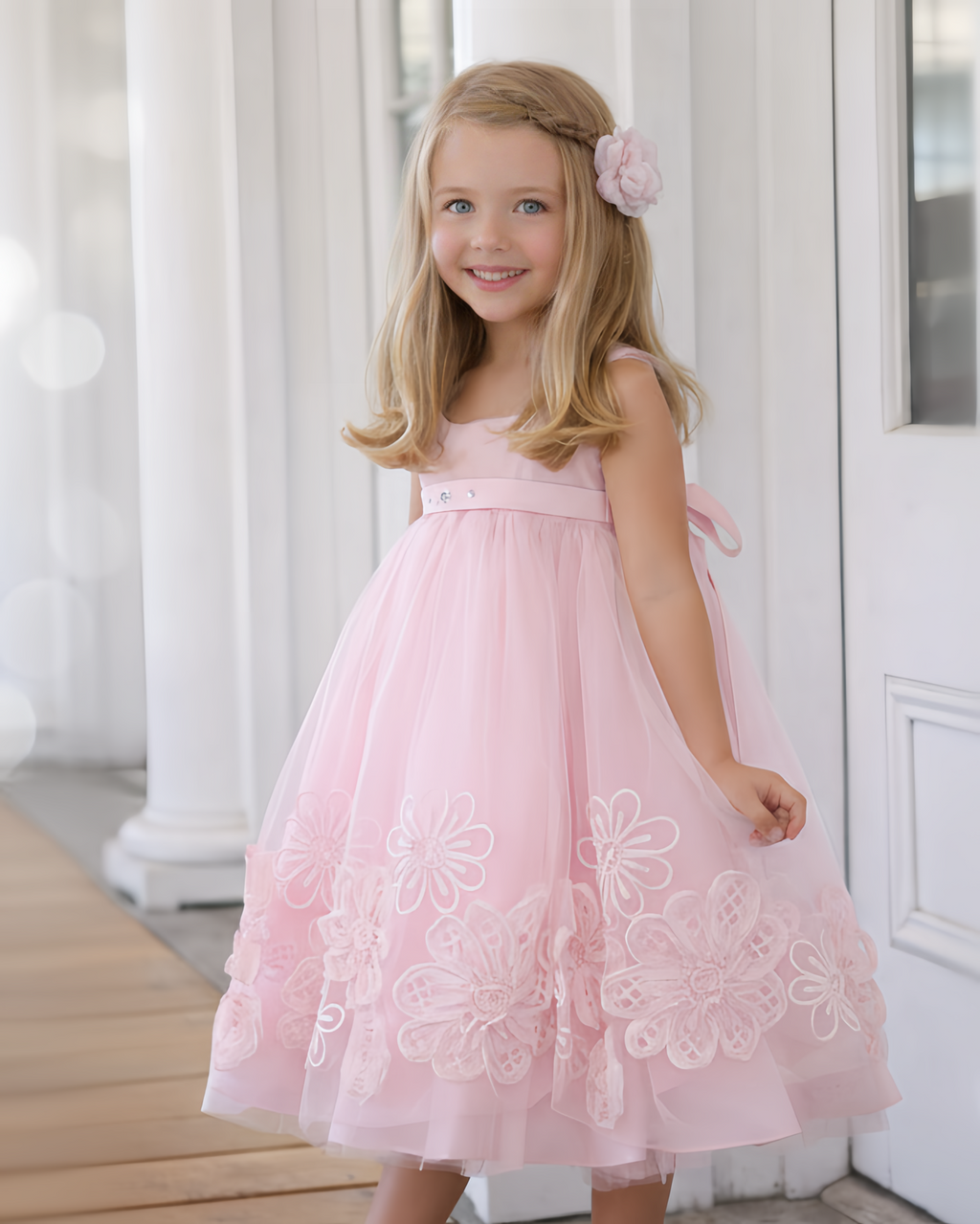 Soft Tulle Floral Embroidered Empire Waist Dress - Pink