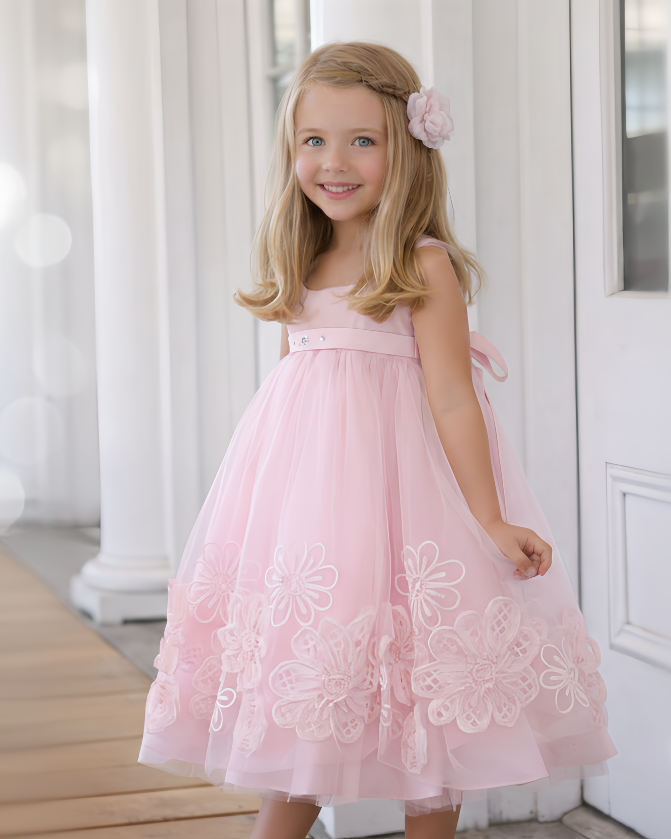 Soft Tulle Floral Embroidered Empire Waist Dress - Pink