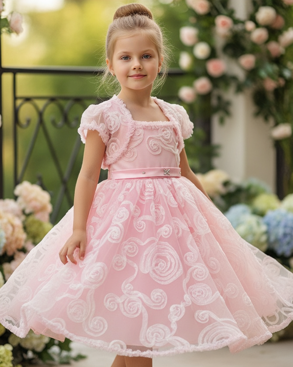 Allover Swirl Tulle Party Dress with Matching Bolero Jacket - Pink