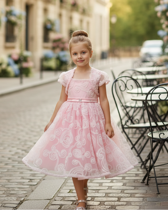 Allover Swirl Tulle Party Dress with Matching Bolero Jacket - Pink
